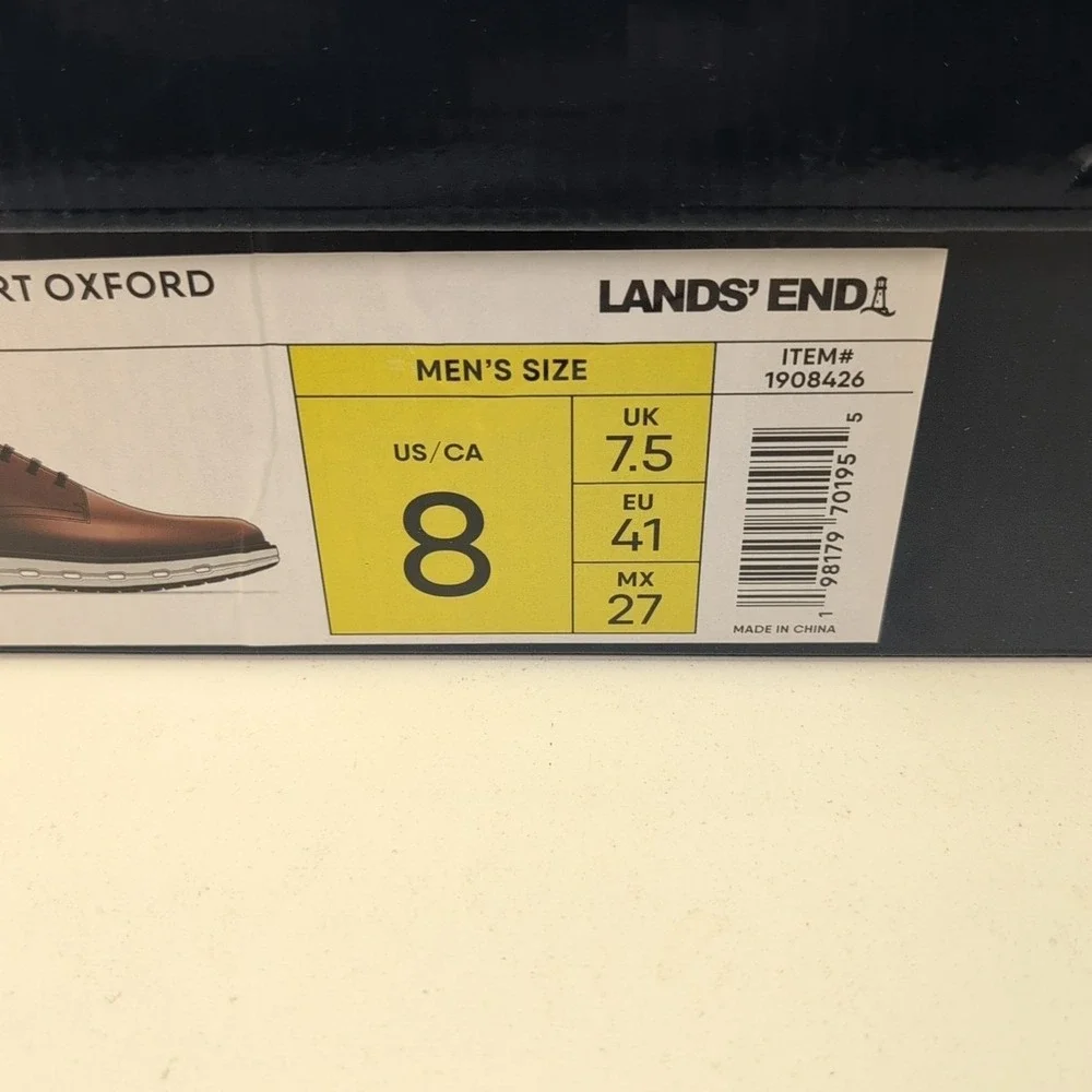 Lands End Sport Oxford Shoes Mens Dark Tan Brown Cushioned White‎ Sole NIB